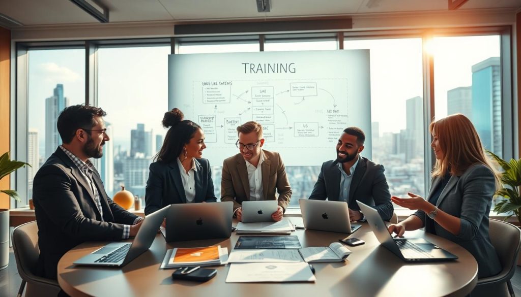 A dynamic and inspiring workspace representing "training opportunities" for independent professionals. In the foreground, a diverse group of four individuals dressed in professional business attire engage in a collaborative learning session around a modern, circular table filled with laptops, notepads, and educational materials. In the middle ground, a large, bright whiteboard displays flowcharts and brainstorming notes creatively illustrating growth and learning paths. The background shows a large window with natural light flooding the room, overlooking a vibrant cityscape of modern skyscrapers. The atmosphere feels energetic and positive, encouraging professional development. The lens captures a slightly elevated angle, creating depth and focus on teamwork, and the lighting is warm and inviting, enhancing the overall motivational vibe. Umalis Group is subtly integrated into the learning materials as a symbol of support.