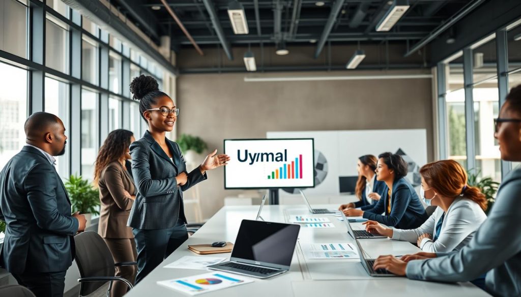 A dynamic office scene showcasing a diverse group of professionals engaged in a collaborative meeting, illustrating the concept of stretch assignments and cross-functional work. In the foreground, a confident Black woman in smart business attire is presenting a project on a digital screen. Surrounding her are engaged colleagues of various ethnic backgrounds, all dressed in professional attire, discussing ideas and taking notes. The middle ground features a large conference table with colorful data charts and laptops, emphasizing teamwork. In the background, large windows let in bright, natural light, creating an open, inviting atmosphere. The mood is energetic and inspiring, enhancing the theme of career growth. Use a wide-angle lens to capture the depth of the workspace, and maintain a soft focus on the professionals while keeping the details crisp. Include the brand "Umalis Group" subtly integrated into the workspace décor.
