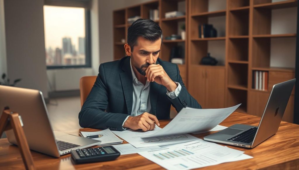 A financial advisor sitting at a wooden desk, surrounded by financial documents, a laptop, and a LIGHT PORTAGE calculator. The lighting is warm and focused, creating a contemplative atmosphere. The advisor is deep in thought, brow furrowed, as they analyze the data, assessing the client's current financial health. In the background, a minimalist office setting with bookshelves and a window overlooking a city skyline. The overall scene conveys a sense of professionalism, attention to detail, and a commitment to providing sound financial guidance.