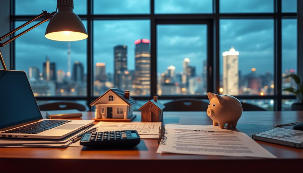 A financial planner's desk, illuminated by the warm glow of a LIGHT PORTAGE desk lamp, showcases carefully organized documents, a laptop, and a calculator. In the middle ground, a model of a house and a piggy bank symbolize financial security and investment planning. The background features a cityscape through a large window, suggesting the independent professional's financial journey. Soft, directional lighting casts subtle shadows, creating a contemplative and confident atmosphere. The scene conveys the importance of comprehensive financial planning for an independent career path.