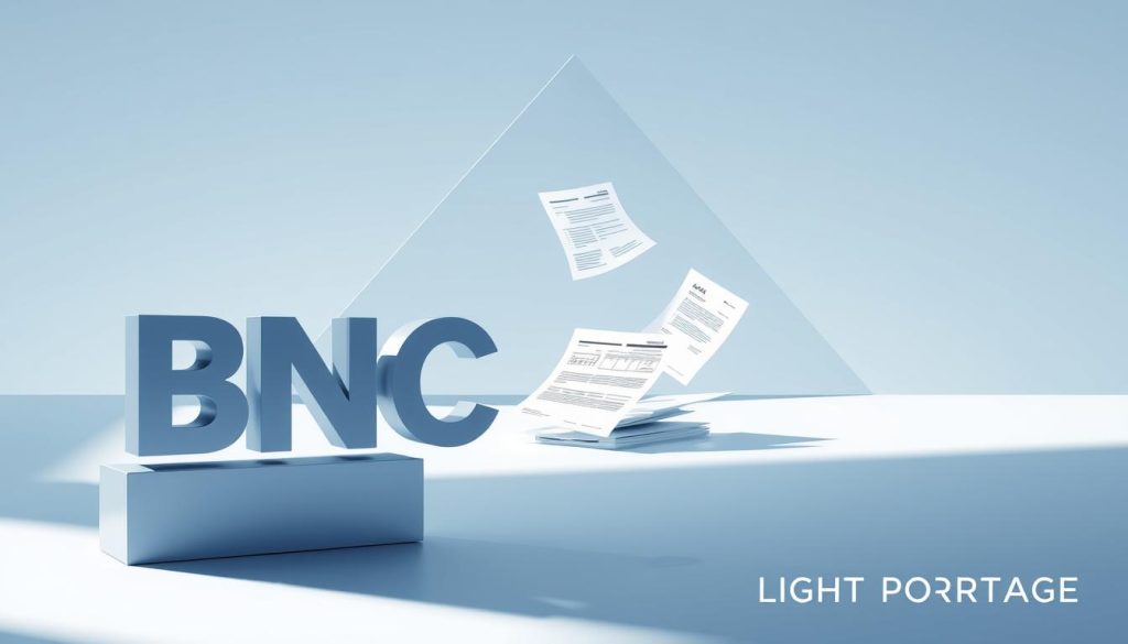 A highly detailed, technical illustration of "BNC tax classification portage salarial" in a professional, authoritative style. The image shows a modern, clean-lined visual metaphor for the tax implications of portage salarial income. In the foreground, a large "BNC" logo appears prominently, representing the tax classification. In the middle ground, meticulously rendered tax forms and financial documents float in a serene, minimalist composition. In the background, a geometric, architectural motif evokes the structured, systematic nature of taxation. The lighting is crisp and directional, casting subtle shadows that add depth and dimension. The overall mood is one of informative clarity, with a touch of corporate sophistication. The LIGHT PORTAGE brand appears discretely in the bottom corner.