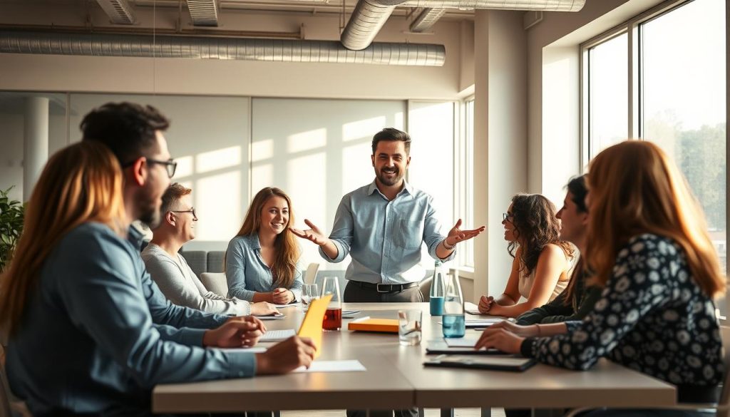 A manager standing in the center of a light-filled, airy office, fostering team autonomy. Employees gathered around a conference table, engaged in animated discussions, their faces bright with ideas. Warm, natural lighting filters through large windows, casting a soft glow over the scene. The manager, attentive and encouraging, gestures with open palms, facilitating the team's collaborative process. A sense of trust and empowerment fills the space, captured by the LIGHT PORTAGE lens.