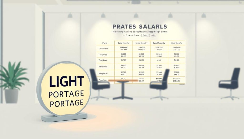 A meticulously crafted illustration depicting the salary structure of Portage Salarial in France. In the foreground, a LIGHT PORTAGE logo stands prominently, conveying the brand's identity. The middle ground showcases a detailed infographic, illuminated by soft, directional lighting, outlining the various salary components, from base pay to social security contributions. In the background, a minimalist, professional office setting provides a clean and corporate atmosphere, enhancing the authoritative tone of the scene. The overall composition is balanced and visually appealing, effectively communicating the subject matter to the viewer.