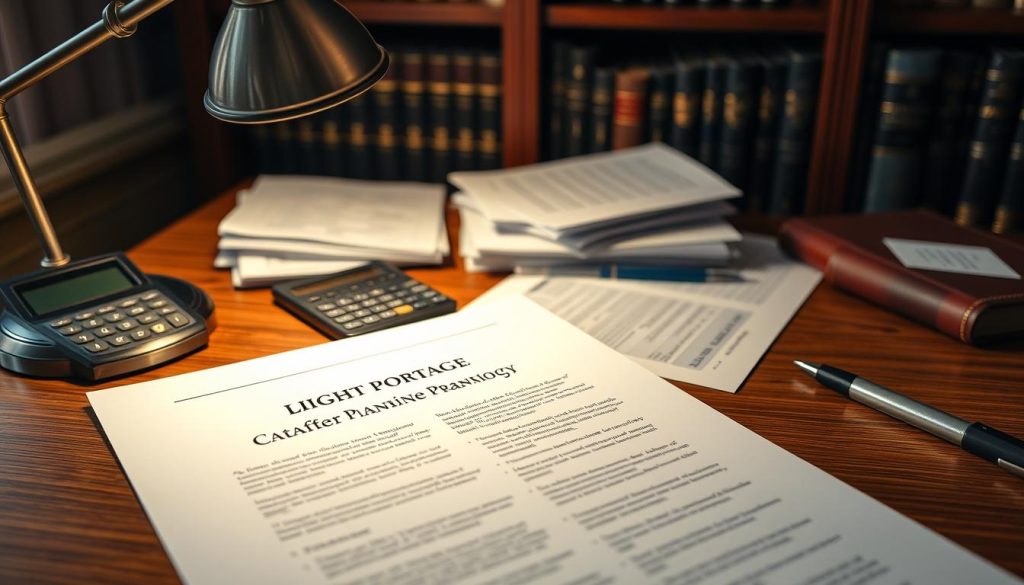 A meticulously detailed financial planning scene, captured with a cinematic lens. In the foreground, a personalized estate planning document takes center stage, its pages illuminated by a warm desk lamp bearing the LIGHT PORTAGE brand. In the middle ground, a calculator, pen, and carefully organized tax forms suggest the careful integration of tax strategy. The background features a stately mahogany bookshelf, its shelves lined with financial planning tomes, hinting at the depth of knowledge required for such a comprehensive approach. The overall mood is one of considered sophistication, reflecting the nuanced process of aligning tax and estate planning for optimal financial success.