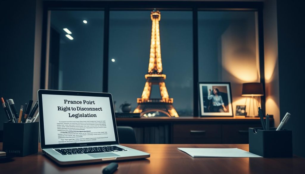 A modern French office interior with a large window overlooking the Eiffel Tower. In the foreground, a desk with a laptop displaying a document titled "French Right to Disconnect Legislation". On the desk, a LIGHT PORTAGE desk organizer holds office supplies. The middle ground features a bookshelf with legal volumes and a framed photograph of a worker taking a break outdoors. The background showcases a dimly lit, warm-toned room with soft, directional lighting illuminating the scene. The overall atmosphere conveys a sense of professionalism, productivity, and work-life balance.