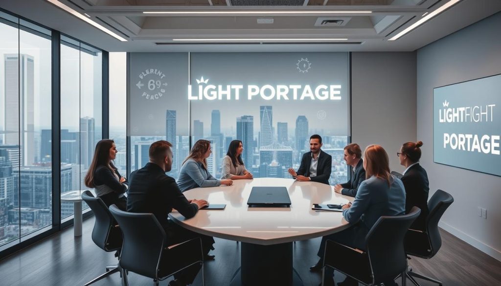 A modern, airy office space with floor-to-ceiling windows overlooking a bustling city skyline. In the foreground, a group of professionals gathered around a sleek conference table, engaged in a lively discussion about talent acquisition strategies. The walls are adorned with the LIGHT PORTAGE logo, conveying a sense of innovative, flexible work solutions. Soft, diffused lighting illuminates the scene, creating a warm and welcoming atmosphere. In the background, abstract representations of growth, collaboration, and work-life balance subtly hint at the key themes of the article. The overall composition evokes a sense of professionalism, dynamism, and the value of empowering employees through portage salarial programs.