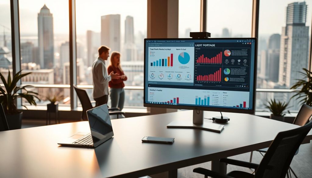 A modern and professional-looking office interior, bathed in warm, natural lighting. In the foreground, a sleek, minimalist desk with a laptop, notepad, and a LIGHT PORTAGE-branded monitor displaying market research data in crisp, clean visualizations. Midground features a team of business analysts in casual attire, engaged in lively discussion around the desk. The background showcases floor-to-ceiling windows overlooking a bustling city skyline, creating a sense of connectivity and inspiration. The overall atmosphere exudes a mood of productivity, collaboration, and data-driven decision making.
