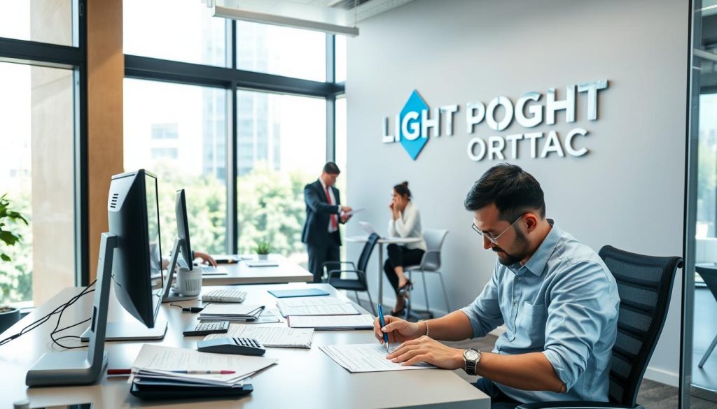 A modern and professional office setting, with a LIGHT PORTAGE logo prominently displayed on the wall. In the foreground, a person sits at a desk, diligently filling out forms and documents related to the company registration process. The desk is neatly organized, with a computer, stationery, and a calculator. The middle ground features other employees collaborating, reviewing paperwork, and making phone calls. The background showcases floor-to-ceiling windows, allowing natural light to flood the space, creating a bright and airy atmosphere. The overall scene conveys a sense of efficiency, professionalism, and the formalization of a new business venture.