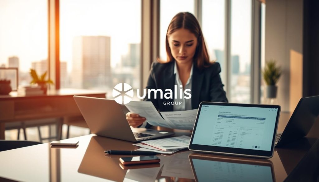 A modern and sleek office setting showcasing the concept of accounts payable. In the foreground, a professional businesswoman in smart attire, focused and engaged with documents displaying invoices and financial reports. In the middle, a polished desk scattered with digital devices like a laptop and smartphone, emphasizing a busy work environment. The background features a large window letting in natural light, illuminating a cityscape view, symbolizing growth and opportunity. Soft, warm lighting creates an inviting atmosphere while reflecting the professionalism of the scene. The Umalis Group logo subtly placed on a digital device, enhancing brand visibility without overpowering the composition. The overall mood conveys efficiency, responsibility, and the importance of financial management in business.