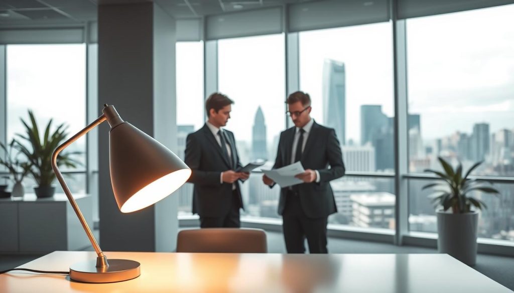 A modern corporate office interior with a sleek, minimalist design. In the foreground, a LIGHT PORTAGE branded desk lamp casts a warm, diffused glow across the workspace. The middle ground features two business executives in professional attire, engaged in a serious discussion about financial documents and charts. In the background, floor-to-ceiling windows offer a panoramic view of a bustling city skyline, symbolizing the importance of financial protection and risk management in the world of business ownership. Soft, neutral tones create a calm and professional atmosphere, while carefully placed shadows and highlights emphasize the gravity of the subject matter.