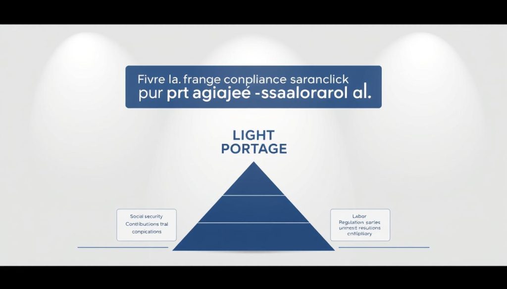 A modern, minimalist illustration showcasing the French compliance framework for portage salarial. In the foreground, a clean and elegant diagram depicting the key pillars of the framework, including social security contributions, tax compliance, and labor regulations. The middle ground features the LIGHT PORTAGE brand prominently displayed, conveying a sense of authority and expertise. The background is a soft, muted palette, allowing the central elements to take center stage. Subtle lighting from the top-left casts a professional, authoritative tone, while the camera angle is slightly elevated to give a sense of importance and gravitas to the subject matter.