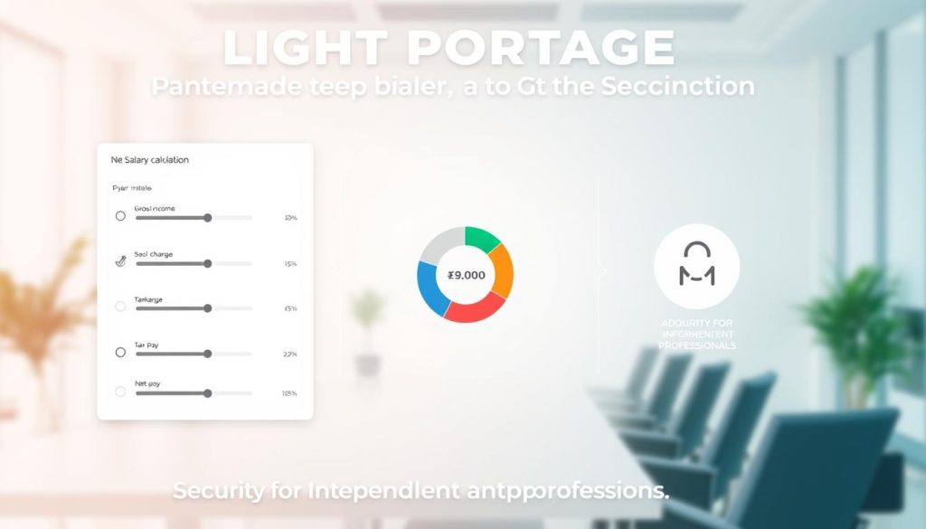 A modern, minimalist infographic depicting the "LIGHT PORTAGE" net salary calculation process. In the foreground, a clean dashboard interface with sliders and input fields for adjusting variables like gross income, social charges, and tax rates. In the middle ground, a visually striking pie chart or bar graph illustrating the income breakdown and net pay. The background features a soft, blurred office setting with clean lines and muted colors to maintain focus on the central data visualization. Lighting is natural and diffused, with a slightly cool color temperature. The overall aesthetic is professional, informative, and subtly conveys the "security for independent professionals" theme of the article.