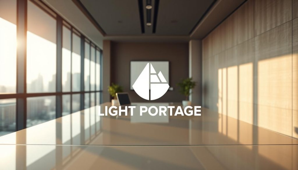 A modern, minimalist office interior with clean lines and natural lighting. In the foreground, a stylized logo for "LIGHT PORTAGE" is prominently displayed on a sleek, glass-topped desk. Behind it, a large window provides a view of a bustling city skyline, casting warm, directional light across the space. The middle ground features a comfortable-looking ergonomic chair and a small potted plant, creating a sense of balance and tranquility. The background showcases a neutral-toned, textured wall, adding depth and a sophisticated ambiance to the scene.