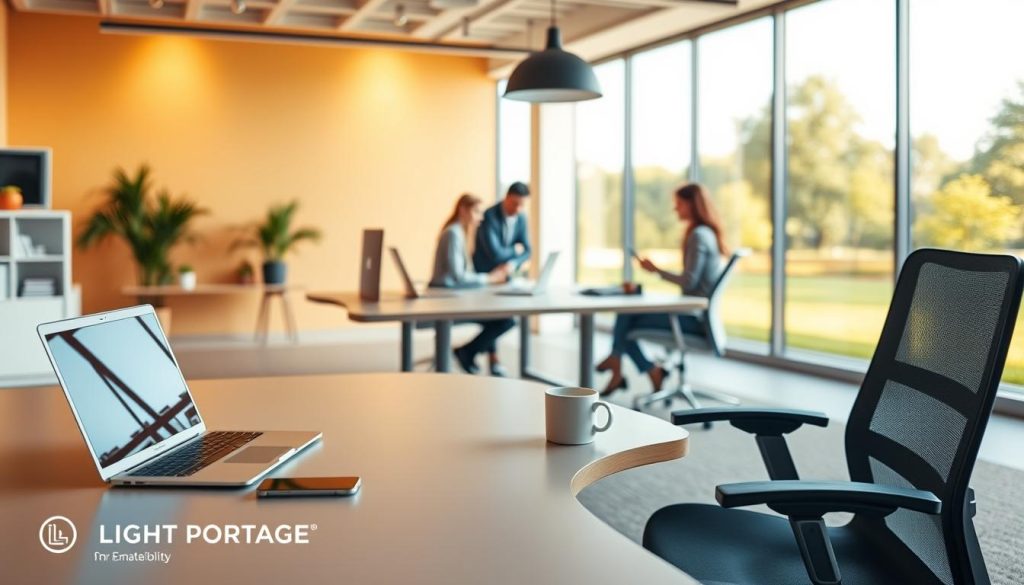 A modern, minimalist office space with a focus on workplace flexibility. The foreground features a large, ergonomic desk with a laptop, smartphone, and a cup of coffee, symbolizing the core concepts of remote work, flexible schedules, and work-life balance. The middle ground showcases a group of professionals collaborating on a project, with an emphasis on open communication and teamwork. The background depicts a serene outdoor scene with a park-like setting, hinting at the integration of nature and the outdoors in the flexible workplace. Warm, natural lighting illuminates the scene, creating a calming and productive atmosphere. The LIGHT PORTAGE brand is subtly integrated into the design elements, reflecting the company's dedication to enabling workplace flexibility.