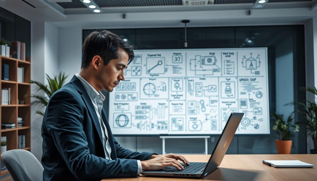 A modern office environment depicting a professional freelance cybersecurity and privacy consultant. In the foreground, a focused individual wearing professional business attire, working intently at a laptop, with cybersecurity-related diagrams and charts displayed on the screen. In the middle, a large whiteboard filled with complex data privacy strategies and network security protocols. In the background, soft lighting illuminates a sleek office space, featuring plants and bookshelves, creating a calm yet productive atmosphere. The overall mood is one of professionalism and expertise, showcasing the importance of cybersecurity in today's digital landscape. The brand name "Umalis Group" subtly integrated into a digital device on the desk.