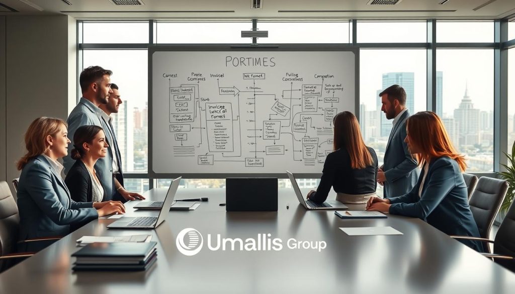 A modern office environment depicting the concept of "gestion services société portage". In the foreground, a diverse group of professionals in business attire are engaged in discussions around a sleek conference table filled with documents and laptops. The middle section features a large whiteboard displaying complex flow charts related to invoicing and compliance, symbolizing the administrative load. In the background, a large window shows a cityscape, suggesting a vibrant work atmosphere. Soft, natural lighting filters through the window, creating a calm yet focused mood. The style is realistic with sharp details, highlighting professionalism and collaboration. Incorporate the logo of Umalis Group subtly on the conference table as part of the scene, enhancing the context without distraction.