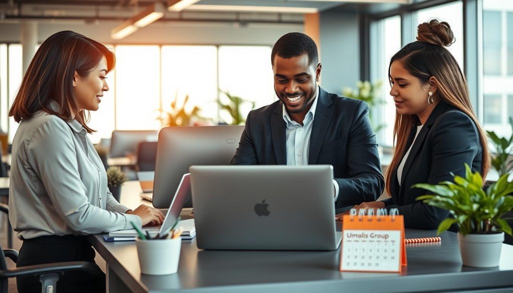A modern office environment showcasing a temporary workspace. In the foreground, a diverse group of three independent professionals—one Asian woman, one Black man, and one Hispanic woman—are engaged in a discussion around a laptop, all dressed in professional attire. The middle ground features desks with office supplies, a stylish coffee machine, and plants that add warmth. In the background, large windows let in soft, natural light, illuminating the space and creating a collaborative atmosphere. The scene conveys a sense of productivity, opportunity, and networking, embodying the theme of career advancement through temporary work arrangements. The Umalis Group logo subtly appears on a desk calendar in the scene. The mood is optimistic and inspiring, emphasizing growth and connections in temporary work settings.