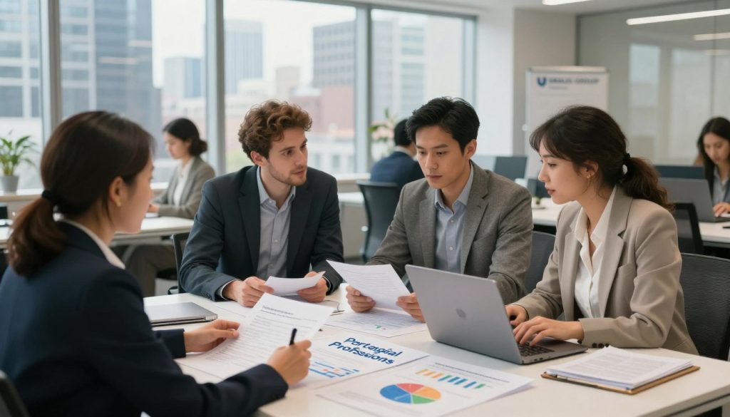 A modern office environment showcasing diverse professionals engaged in discussions about "Portage Salarial Professions." In the foreground, a man and a woman in professional business attire are reviewing documents and a laptop, symbolizing collaboration. The middle ground features a large table with business charts and colorful graphs, highlighting key concepts of flexible employment. In the background, large windows reveal a vibrant cityscape with skyscrapers, suggesting a dynamic workspace. Soft, natural lighting floods the scene, creating a warm and inviting atmosphere that conveys professionalism and empowerment. The image subtly incorporates the brand name "UMALIS GROUP" on a display board, enhancing the context without overpowering the composition. The overall mood should inspire curiosity and engagement with the concept of Portage Salarial.