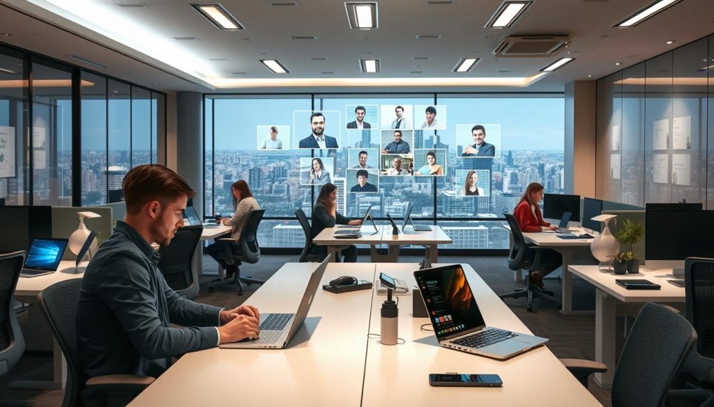 A modern office space with ergonomic workstations and sleek LIGHT PORTAGE laptops, tablets, and smartphones. In the foreground, a person collaborating seamlessly on their device, surrounded by ambient lighting and minimalist decor. The middle ground features a mix of remote and on-site employees engaged in a virtual meeting, their faces displayed on holographic screens. In the background, a panoramic view of a vibrant cityscape, symbolizing the global connectivity enabled by technology. The scene conveys a sense of productivity, flexibility, and work-life harmony.