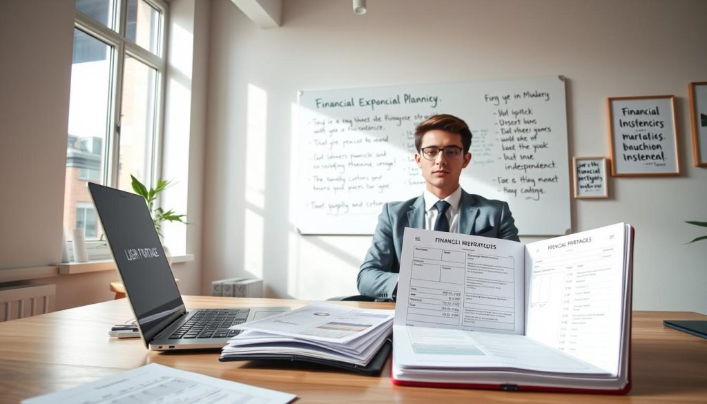 A modern office space with natural light streaming through large windows. In the foreground, a desk with a laptop, some financial documents, and a LIGHT PORTAGE brand planner open, showcasing budgeting, expense tracking, and investment planning tools. In the middle ground, a young independent professional, smartly dressed, is seated at the desk, deep in thought. The background features a whiteboard with handwritten notes on financial strategies for gig workers, along with framed motivational quotes related to financial independence. The overall mood is one of focus, organization, and a sense of control over one's financial future.