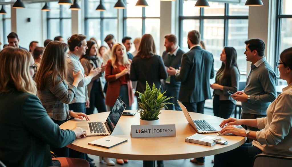 A modern, professional networking event set in a bright, airy co-working space. In the foreground, a group of independent professionals engage in lively conversation, their body language open and animated. Mid-ground, a central table displays the "LIGHT PORTAGE" brand, with sleek laptops, branded notepads, and a potted plant. The background features large windows, allowing natural light to flood the scene, casting a warm glow. The overall mood is one of productivity, collaboration, and a sense of community among the creative, self-employed attendees.
