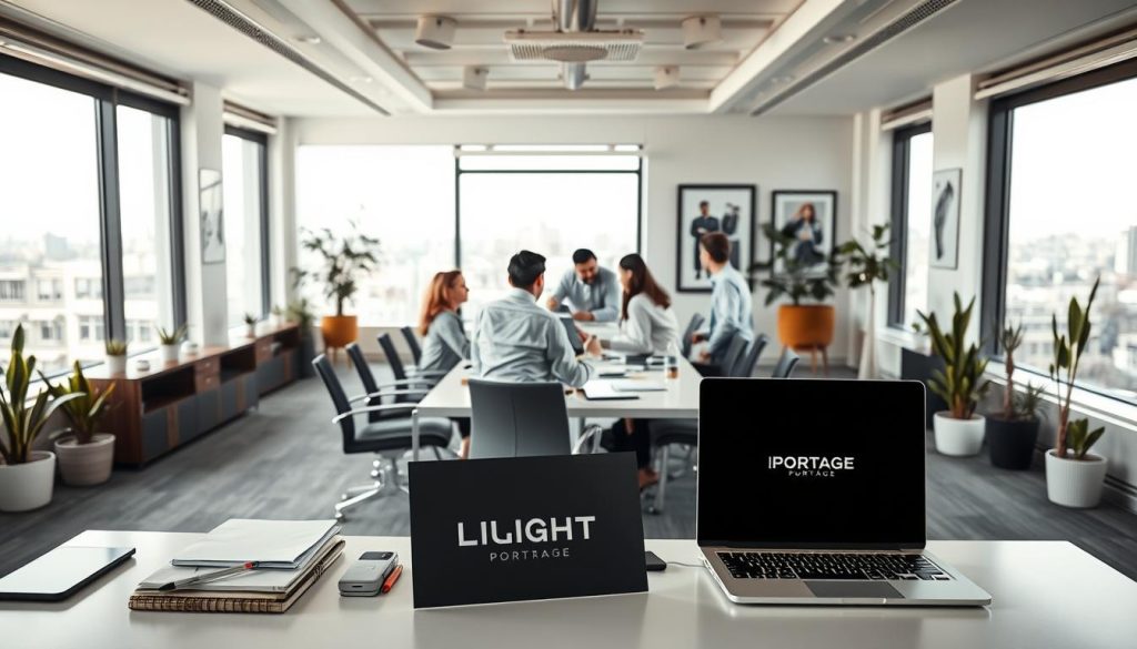 A modern, professional office interior with natural lighting streaming through large windows. In the foreground, a desk with the "LIGHT PORTAGE" brand name prominently displayed, surrounded by various office supplies and a laptop computer. In the middle ground, several employees collaborating at a conference table, discussing documents and gesturing animatedly. The background features sleek, minimalist decor with potted plants, framed artwork, and a view of a bustling city skyline outside. The overall mood is one of efficiency, innovation, and the advantages of using a "portage salarial" employment solution for companies in France.