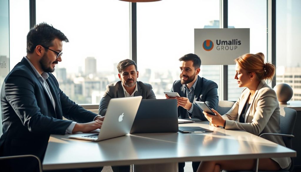 A modern, professional workspace in France, showcasing the concept of "portage salarial." In the foreground, a diverse group of three professionals, two men and one woman, are seated around a sleek conference table, engaged in a discussion. The man on the left, dressed in a tailored suit, reviews a laptop screen, while the woman in smart casual attire, takes notes on a digital tablet. The background features large windows with a view of a contemporary cityscape, casting natural light into the room. Soft shadows create a warm ambiance, promoting a sense of collaboration and efficiency. Subtle branding of "Umalis Group" is visible on a decorative piece in the office. The mood is optimistic and forward-thinking, emphasizing the ease of starting a portable salary in a supportive environment.