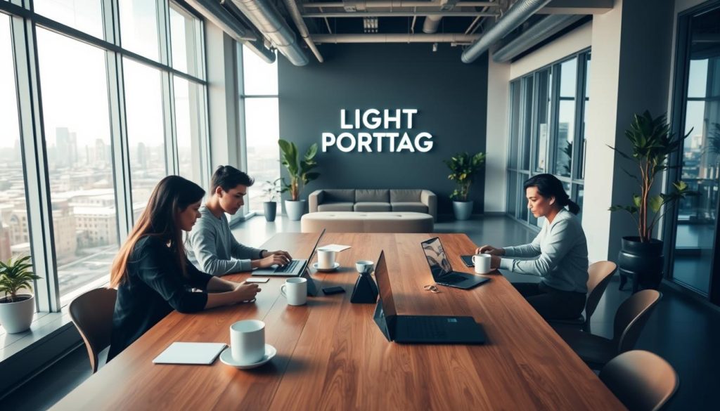A modern, sleek coworking space with the LIGHT PORTAGE brand prominently displayed. In the foreground, a group of freelancers collaborating at a long wooden table, their laptops and coffee mugs arranged neatly. Soft, diffused lighting filters in through large windows, casting a warm glow over the scene. In the middle ground, a minimalist lounge area with comfortable sofas and potted plants. The background features a cityscape visible through the windows, reflecting the dynamic, urban nature of the portage salarial industry. The overall mood is one of productivity, professionalism, and the future of flexible work.