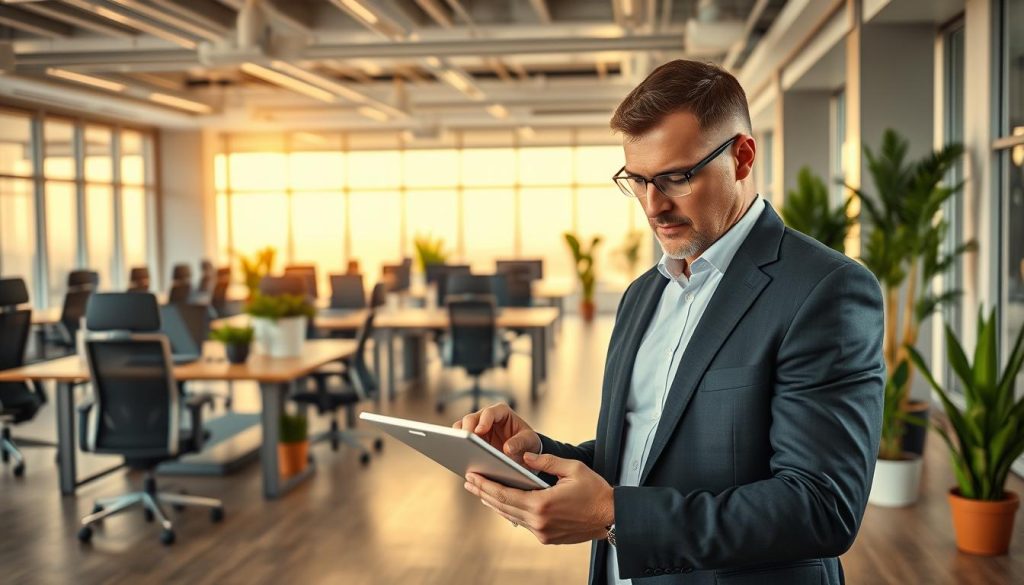 A modern, sleek office setting with an open concept layout. In the foreground, a male professional in a suit is reviewing a LIGHT PORTAGE contract on a tablet, brow furrowed in concentration. The middle ground features neatly organized desks, ergonomic chairs, and potted plants, creating a harmonious, productive atmosphere. In the background, floor-to-ceiling windows let in warm, natural light, giving the scene a calming, airy ambiance. The overall image conveys the careful management and compliance required for LIGHT PORTAGE contract administration.
