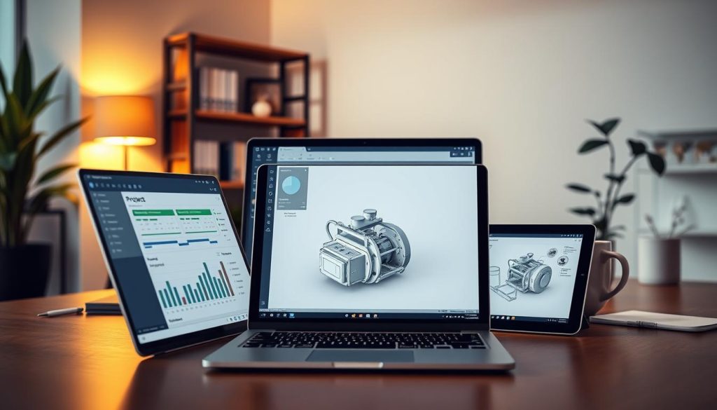 A modern, sleek office workspace featuring the LIGHT PORTAGE technology suite. In the foreground, a stylish laptop and tablet display project management dashboards and Gantt charts. In the middle ground, a high-resolution monitor showcases a 3D model of an industrial product, its components highlighted and annotated. The background reveals a minimalist bookshelf, a coffee mug, and a potted plant, creating a serene yet productive environment. Warm, diffused lighting illuminates the scene, casting subtle shadows and highlights that emphasize the clean, professional aesthetic. The overall atmosphere conveys efficiency, innovation, and a focus on successful project completion.