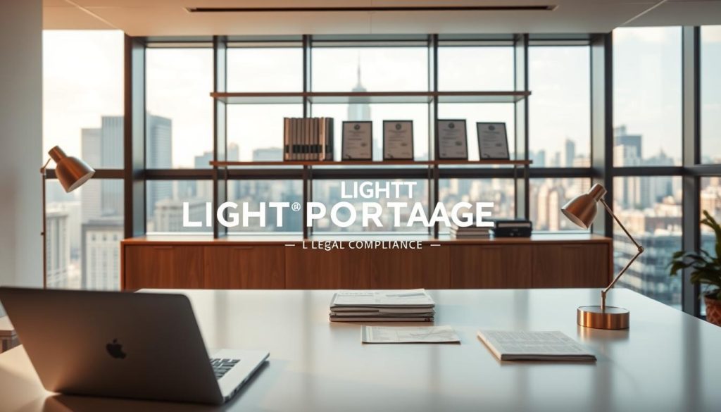 A modern, well-lit office space showcasing the "LIGHT PORTAGE" legal compliance solution. In the foreground, a clean and minimalist desk with a laptop, files, and a stylish lamp. In the middle ground, shelves displaying relevant legal documents and compliance certifications. The background features floor-to-ceiling windows overlooking a bustling city skyline, creating a professional and authoritative atmosphere. Subtle warm tones and soft shadows contribute to an overall sense of trustworthiness and attention to detail, reflecting the importance of legal and tax compliance for freelance professionals.