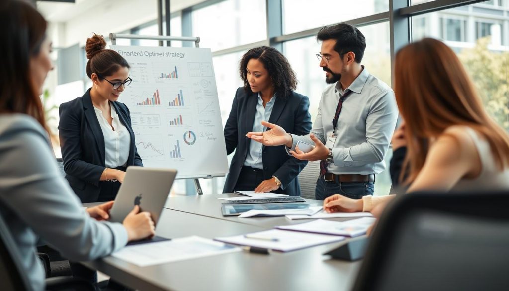 A modern workspace featuring a diverse group of professionals engaged in a collaborative meeting about financial optimization strategies. In the foreground, two women in business attire analyze charts on a laptop, while a man gestures towards a whiteboard filled with graphs and flowcharts, depicting financial concepts. The middle ground showcases a sleek conference table adorned with financial reports, pens, and a stylish Umalis Group logo tablet. The background has large windows providing natural light, creating a bright and inspirational atmosphere. The scene is well-composed, with a depth of field that subtly blurs the background while keeping the focus on the professionals' engaged expressions. The mood is focused yet optimistic, reflecting an environment of innovation and growth in financial management.