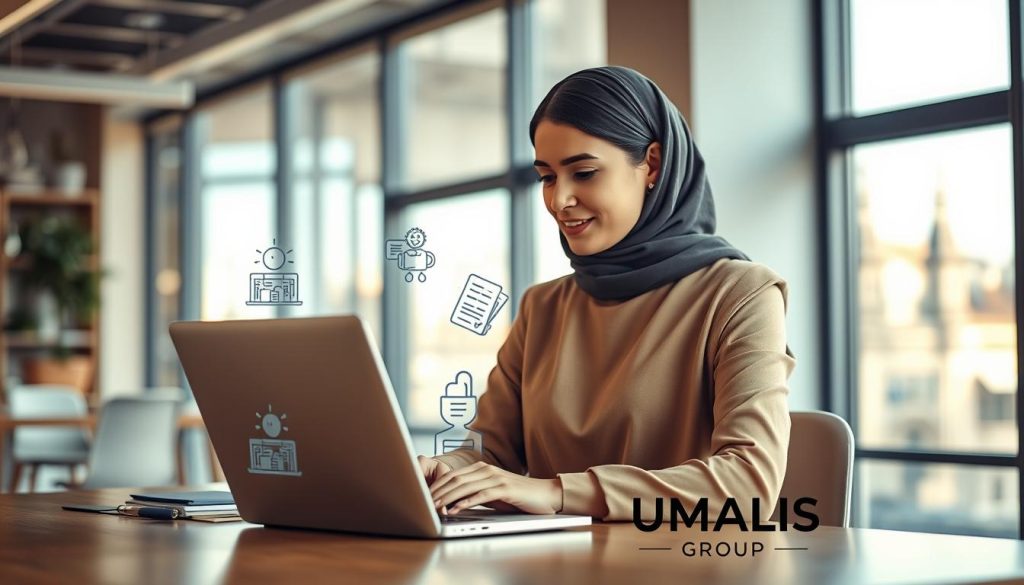 A modern workspace illustrating the concept of social security benefits for freelancers in France. In the foreground, a professional businesswoman in modest attire, seated at a desk, engaging with a laptop displaying digital social security account details. The middle layer showcases detailed graphics of social security icons and benefits documentation around her, subtly integrated into the scene. In the background, soft-focus view of an office with windows revealing a Parisian skyline, hinting at a vibrant work environment. Use natural, warm lighting for a welcoming atmosphere, capturing a blend of professionalism and comfort. The overall mood is encouraging and empowering; include the logo of "UMALIS GROUP" subtly placed on the desk to symbolize support for freelancers.