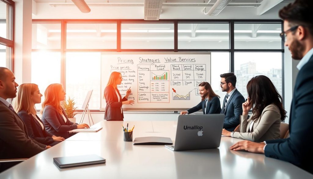 A modern workspace setting showcasing the concept of pricing service packages. In the foreground, a diverse group of professionals dressed in smart business attire are gathered around a sleek conference table, analyzing charts and graphs on a laptop. In the middle ground, a whiteboard displays pricing strategies and value-based service packages, highlighted with colorful markers. In the background, large windows let in soft, natural light, creating an inviting atmosphere. The scene conveys a sense of collaboration and strategic planning. The overall mood is focused and professional, emphasizing growth and stability in freelance work. Include a subtle branding element of the "Umalis Group" logo in the corner of the table or laptop.