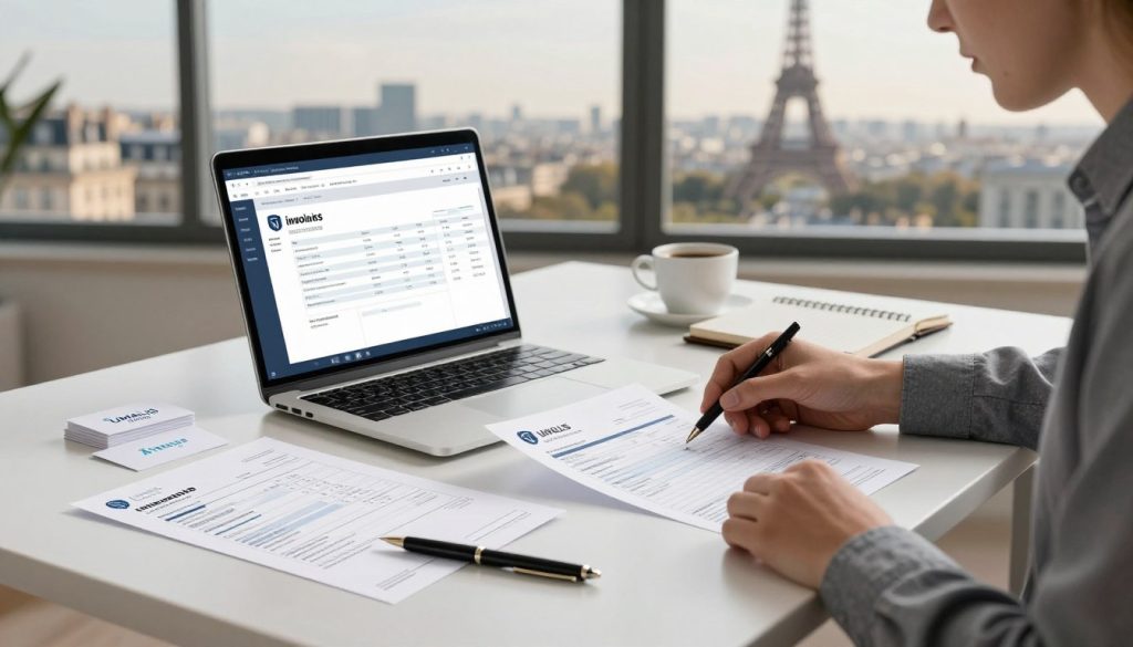 A neatly arranged workspace with a modern desk featuring a laptop opened to an invoicing software interface. On the desk are scattered invoices, a sleek pen, and some business cards branded with "UMALIS GROUP". A professional dressed in business casual attire is focused on reviewing an invoice, with a notebook and a coffee cup beside them. In the background, a large window reveals a view of a picturesque Paris skyline, showcasing iconic landmarks like the Eiffel Tower and historic buildings, illuminated by soft, natural sunlight. The scene conveys a sense of professionalism and clarity, emphasizing the importance of a structured, step-by-step invoicing process for freelancers in France. The atmosphere is calm and organized, ideal for reflecting on business practices.