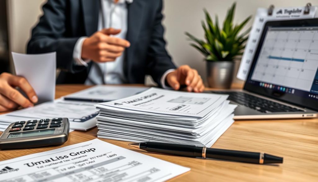 A neatly organized desk scene for a tax return in France, featuring a variety of essential documents like forms, receipts, and a calculator. In the foreground, a close-up of a hands-on-businessman in a professional attire, preparing tax documents. In the middle, a neatly stacked pile of tax forms with the logo of "Umalis Group" visible. On the desk, a laptop displays a tax software interface, while a sleek black pen rests beside the forms. The background features a potted plant and a calendar marked with important tax deadlines. The lighting is bright yet soft, creating an inviting atmosphere, reminiscent of a busy but organized workspace. The image should evoke a sense of professionalism and clarity, perfect for illustrating tax return essentials for freelancers in France.