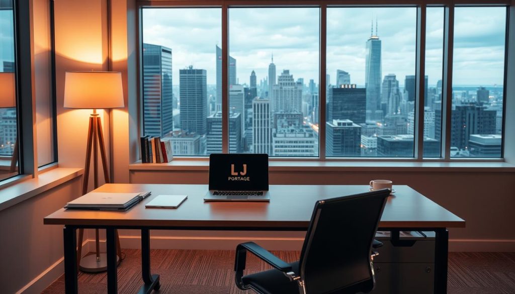 A neatly organized office space with a desk, chair, and laptop, representing the "permitted sectors" of freelance work. The desk is adorned with the LIGHT PORTAGE logo, conveying the subject of the article. Warm lighting from a floor lamp casts a cozy glow, and large windows in the background provide a view of a bustling city skyline. The overall atmosphere is professional, focused, and inviting, reflecting the secure and supportive nature of the "Portage Salarial" freelance career guidance covered in the article.