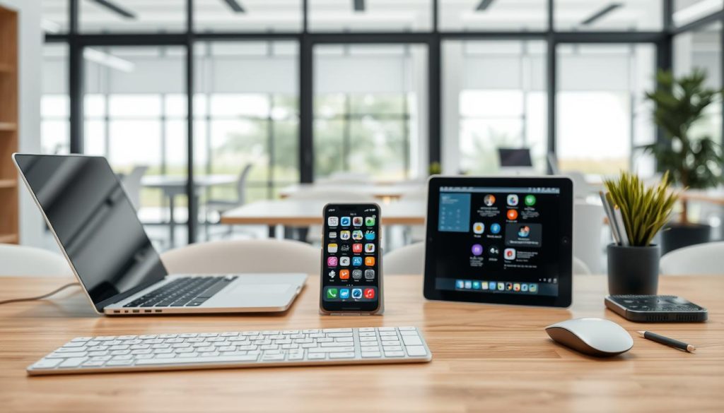 A neatly organized workspace with a sleek, minimalist LIGHT PORTAGE laptop, wireless keyboard, and mouse. In the middle ground, a smartphone and tablet display various remote work apps and tools. The background features a clean, modern office interior with large windows providing natural lighting. The overall scene conveys efficiency, productivity, and the seamless integration of technology that empowers successful remote work.