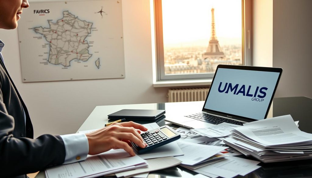 A professional accountant in business attire sits at a sleek desk piled with financial documents and a laptop open to a digital tax management software, representing a lively scene of VAT management in France. In the foreground, a close-up of hands calculating VAT with a calculator, surrounded by invoices and receipts. The middle ground features a wall adorned with a large map of France, highlighting key economic hubs. In the background, a window shows a Parisian skyline under soft morning light, creating a warm and inviting atmosphere. Minimalistic, modern decor emphasizes focus and professionalism. The brand name "UMALIS GROUP" subtly appears on the laptop screen. The image conveys diligence and clarity in managing tax obligations for freelancers and consultants in France.