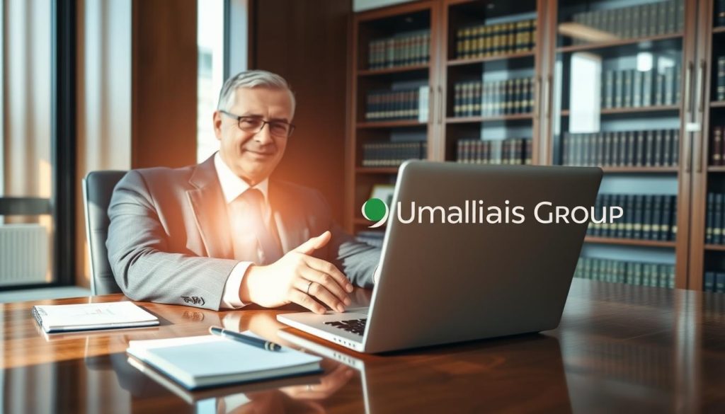 A professional advisor in a sleek, modern office environment, sitting at a polished wooden desk. The advisor, a confident middle-aged individual in a tailored suit, gestures toward a laptop screen displaying financial graphs and tax documents. In the foreground, a neatly organized notepad and pen rest beside the laptop. The middle of the image features a large window with soft, natural light flooding in, illuminating the room with a warm, inviting atmosphere. The background includes bookshelves filled with legal and financial reference books, reinforcing expertise. The overall mood is one of professionalism and trust, highlighting the importance of seeking expert advice on taxation. The Umalis Group logo subtly integrated into the office decor, emphasizing the consultancy's presence.