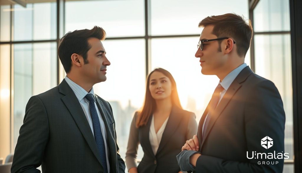 A professional business environment featuring a well-dressed male and female independent professional discussing a "Portage Salarial" agreement. In the foreground, the characters are engaged in conversation, showing expressions of determination and curiosity. The middle ground showcases a sleek, modern meeting room filled with natural light streaming through large windows, reflecting a professional ambiance. In the background, a subtle silhouette of a city skyline can be seen. The lighting is bright and inviting, creating a sense of opportunity. The atmosphere is collaborative and encouraging, emphasizing professionalism and potential. The Umalis Group logo is subtly represented in the decor without being obvious. The image captures the essence of eligibility and ambition for independent professionals in 2026.