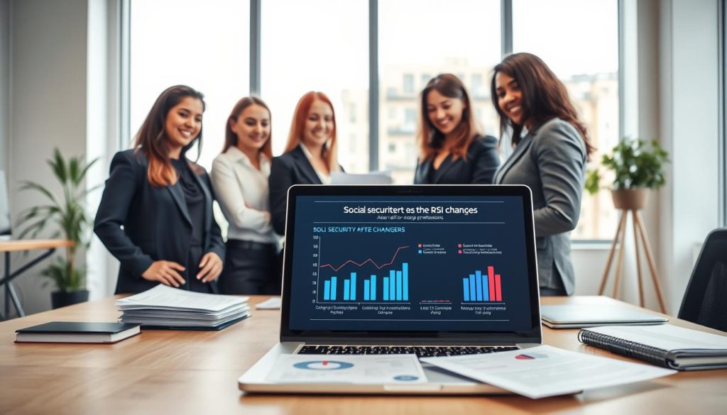 A professional business setting featuring an organized workspace with a desk and documents symbolizing social security, specifically in the context of France after the RSI changes. In the foreground, a laptop displays graphs and statistics about social security impacts on self-employed professionals. In the middle, a confident, diverse group of professionals in business attire engage in a focused discussion around the desk, reviewing paperwork and collaborating. The background showcases a modern office environment with large windows allowing natural light to stream in, casting soft shadows. The overall mood is one of empowerment and cooperation, illustrating the support and guidance offered by Umalis Group. The image is framed with a slight overhead angle to capture the dynamic interaction between the professionals, enhancing clarity and engagement.