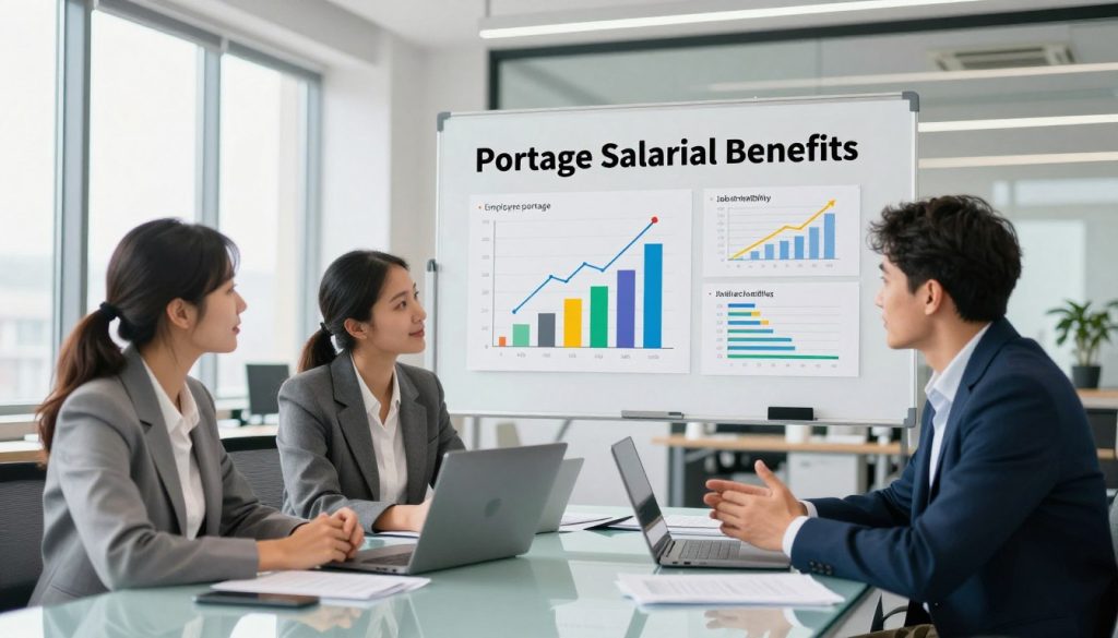A professional business setting illustrating the concept of "Portage Salarial Benefits." In the foreground, a diverse group of three professionals—two women and one man—dressed in smart business attire, are engaged in a discussion around a modern glass table, with laptops and documents spread out. In the middle ground, a large whiteboard is filled with colorful charts and graphs depicting financial growth and job flexibility, symbolizing the key benefits of employee portage. The background features a bright, open office environment with large windows allowing natural light to flood the room, creating a welcoming and productive atmosphere. The overall mood is optimistic and collaborative, with a focus on professional development and financial wellbeing. Include a subtle logo of "UMALIS GROUP" on one of the laptops. Use a wide-angle lens to capture the breadth of the scene.