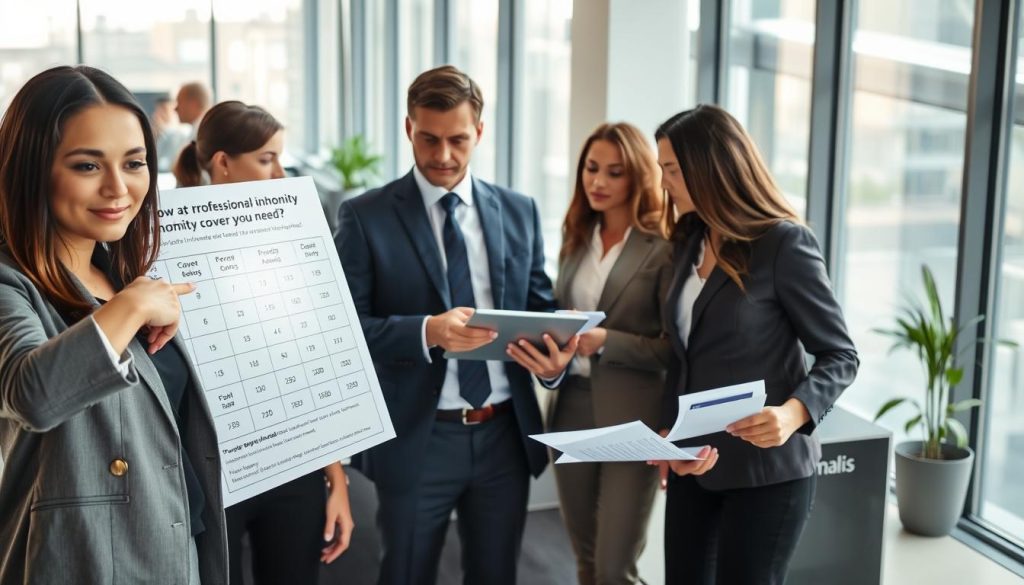 A professional business setting, showcasing a diverse group of business professionals engaged in a discussion about professional indemnity insurance. In the foreground, a confident woman in business attire points to a large chart depicting various cover amounts, illustrating the concept of "how much professional indemnity cover do you need?" In the middle, a well-dressed man takes notes on a tablet, surrounded by documents and a laptop. The background features a modern office with floor-to-ceiling windows, allowing natural light to fill the space, creating a bright and informative atmosphere. The overall mood is serious yet optimistic, emphasizing the importance of safeguarding one’s business. Include branding elements of "Umalis Group" subtly in the room decor, without any text.