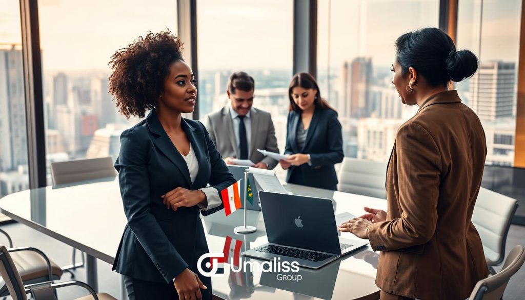 A professional business setting showcasing a diverse group of individuals engaged in a dynamic international meeting. In the foreground, a confident African-American woman in a tailored blazer is discussing strategies with her colleagues. The middle ground features a white male consultant collaborating with an East Asian woman, both reviewing documents on a sleek conference table adorned with laptops and international flags. In the background, large windows reveal a vibrant city skyline, hinting at global opportunities. Warm, natural lighting streams in, enhancing the collaborative atmosphere. The scene emanates professionalism and ambition, encapsulating the essence of "Portage salarial" and international career growth, with a subtle logo of "Umalis Group" integrated into the conference room design.