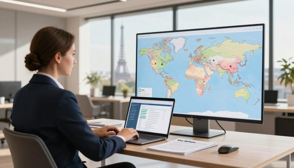 A professional consultant, dressed in business attire, is seated at a stylish desk in an office space with a view of the Eiffel Tower through a large window. In the foreground, the desk features a laptop displaying various visa options, alongside neatly organized documents labeled 'Visa Options'. In the middle ground, a world map focuses on France, with clear markers highlighting cities like Paris and Lyon. The background showcases a bright, well-lit modern office with contemporary décor, creating an atmosphere of optimism and opportunity. The scene is bathed in warm, natural light from the window, emphasizing a productive yet welcoming environment. The logo of UMALIS GROUP is subtly incorporated as an element in the design of the desk material, harmonizing with the overall professional theme.