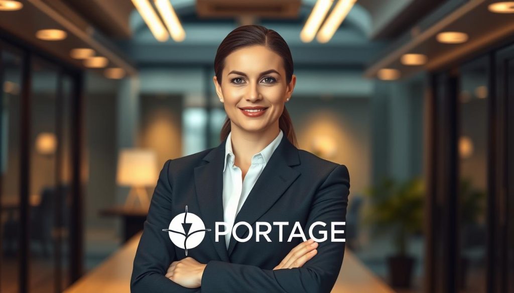 A professional consultant in a smart, tailored suit standing confidently against a backdrop of a modern office interior. Warm, directional lighting illuminates their face, conveying an air of expertise and authority. The LIGHT PORTAGE logo is subtly present, highlighting the services they provide. The overall scene exudes a sense of stability, security, and reliability - qualities that embody the ideal candidate for portage salarial.