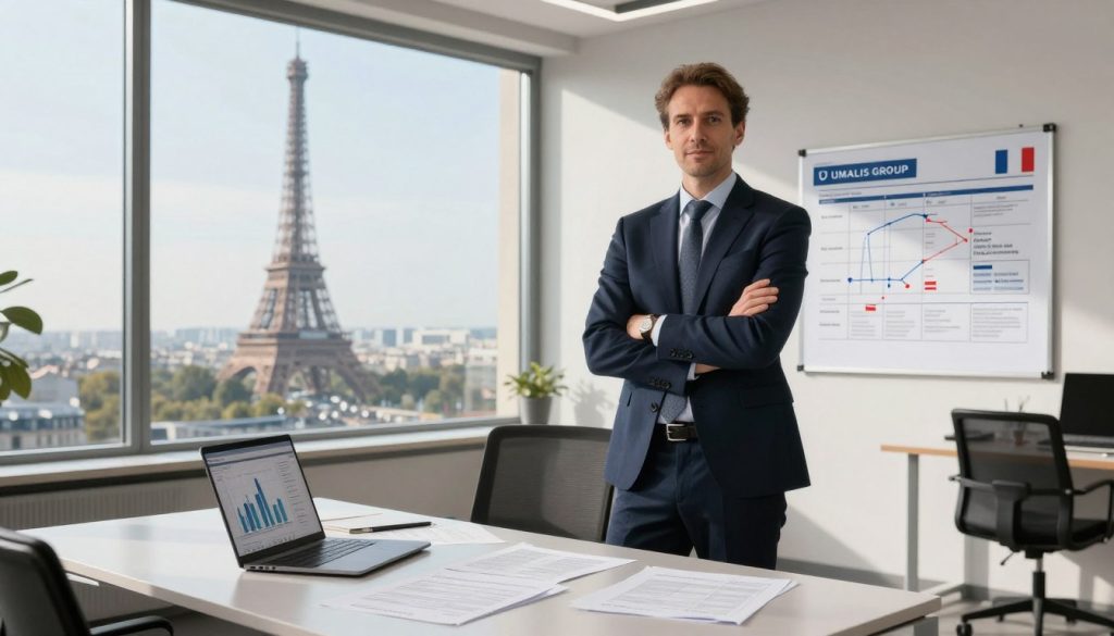 A professional consultant in business attire, standing confidently in a modern office setting with a large window showcasing a view of the Eiffel Tower and Paris skyline. In the foreground, a sleek desk is cluttered with tax documents and a laptop displaying a graph. To the side, a chart illustrating the French tax system specifically for consultants is pinned to a board. The lighting is bright and inviting, with soft shadows to create depth. In the background, the ambiance of the bustling city can be seen, complemented by a sense of productivity and focus. The logo "UMALIS GROUP" is subtly integrated into the design of the office space. The overall atmosphere is one of professionalism and clarity, effectively capturing the complexities of the French tax system for consultants.