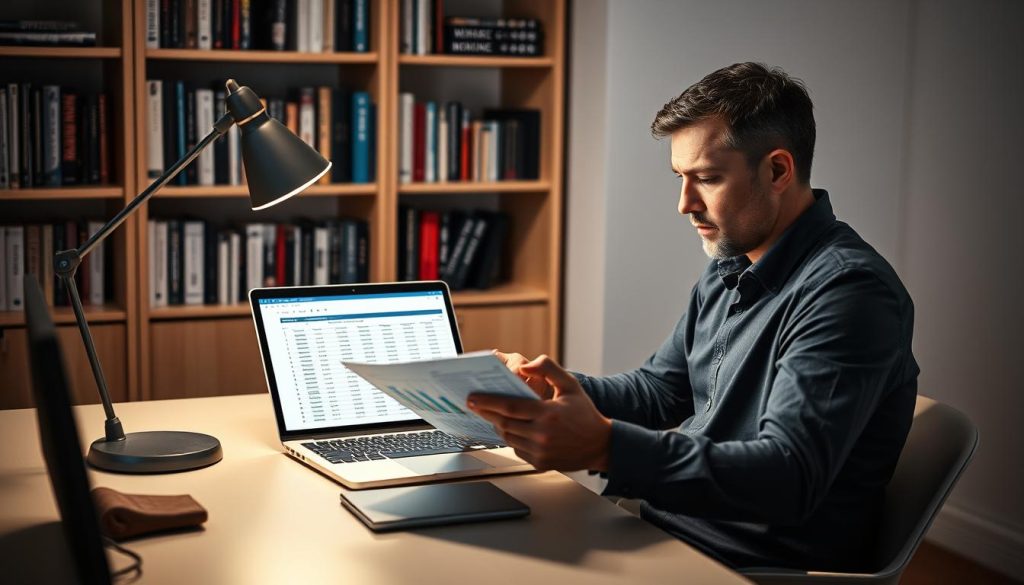 A professional freelance consultant sits at a modern, minimalist desk, intently studying a spreadsheet on a sleek laptop. The desk is bathed in soft, warm light from the LIGHT PORTAGE desk lamp, casting a cozy glow over the scene. In the background, a stylish bookshelf filled with business and finance books provides a sense of expertise. The consultant's brow is furrowed in concentration as they calculate the optimal day rate to remain competitive and sustainable in the freelance market. The overall atmosphere is one of focus, professionalism, and careful consideration of the important financial decisions facing independent workers.