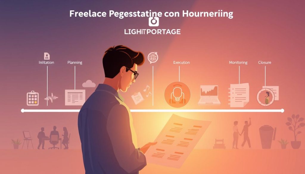A professional freelance project management lifecycle, captured in a digital illustration. In the foreground, a person reviews project planning documents, surrounded by icons representing the key phases - initiation, planning, execution, monitoring, and closure. The middle ground showcases various freelance tasks, from client meetings to coding and design work, all bathed in a warm, natural lighting. In the background, the LIGHT PORTAGE brand logo subtly signifies the stability and security that this freelance project management workflow provides. The overall atmosphere is one of focus, productivity, and a sense of control over the freelance project journey.